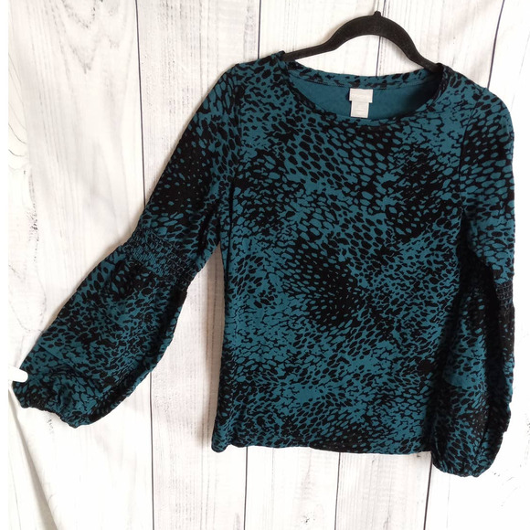 Chico's | Teal & Black Velvet Flocked Balloon Sleeve Knit Top - Picture 3 of 12